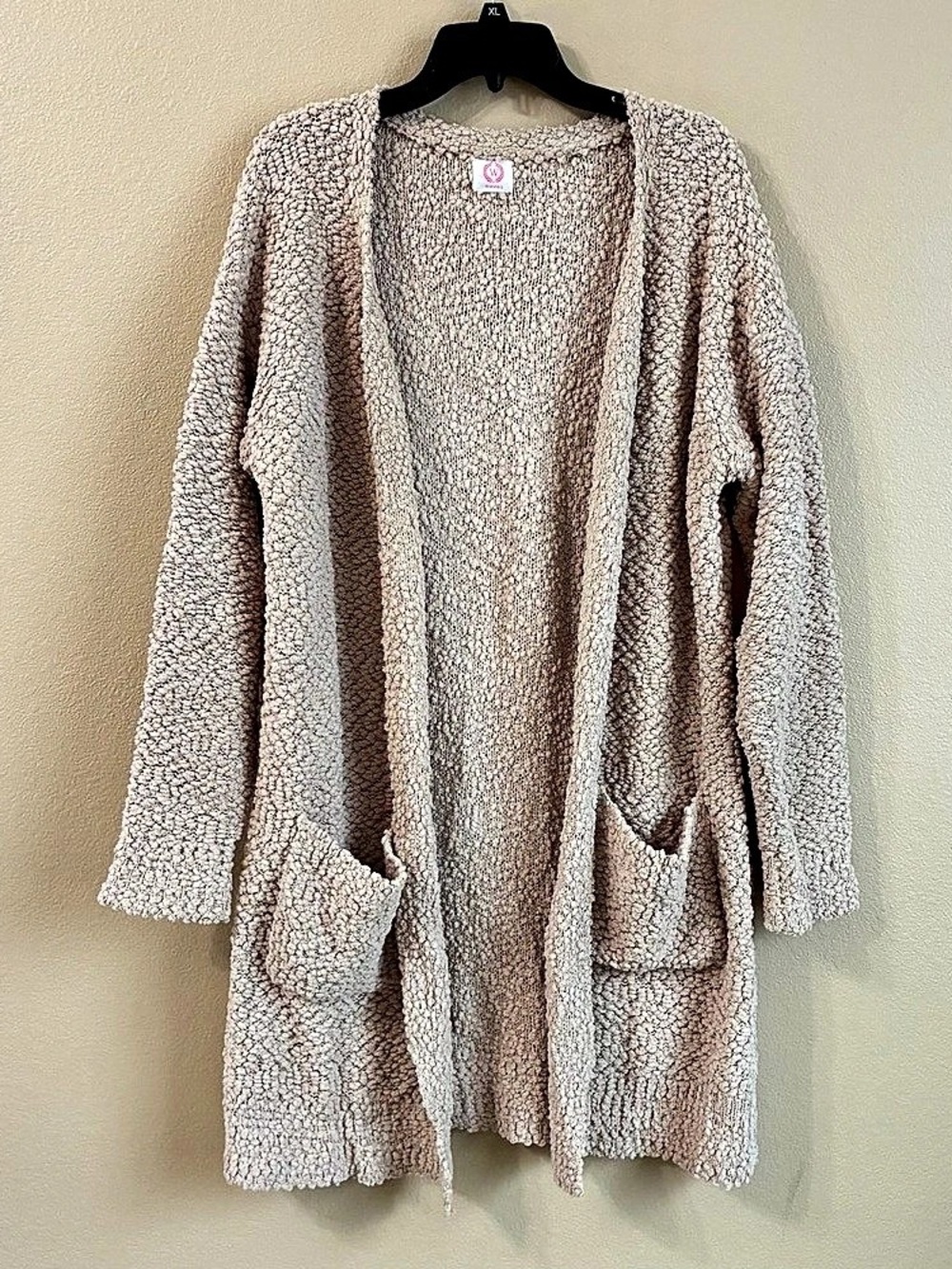 Wanna B Textured Popcorn Knit Longline Open Front Cardigan Medium Beige